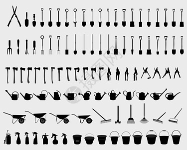 花园工具插图硬件黑色铲子罐头割草机斧头园艺水桶挖掘机图片