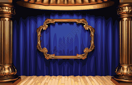 矢量金色框和蓝幕幕台框架展览窗帘展示场景播音员天鹅绒气氛镜子织物图片