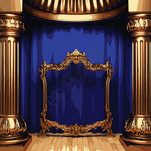 矢量金色框和蓝幕幕台气氛歌剧展示奢华推介会蓝色剧院布料歌词镜子图片