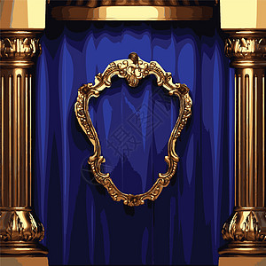矢量金色框和蓝幕幕台剧场推介会歌词金子剧院播音员天鹅绒布料框架织物图片