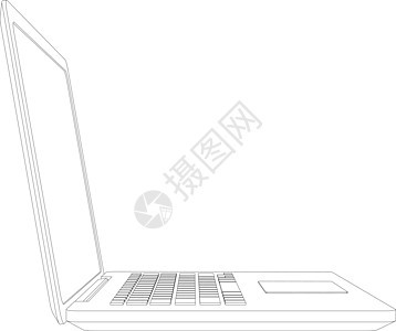 开孔笔记本电脑的线框图绘画白色草图剪影电子屏幕空白黑色监视器技术背景图片
