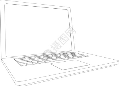 有线框架打开的笔记本电脑 视图 矢量插图黑色白色电子空白技术绘画剪贴机动性监视器键盘图片