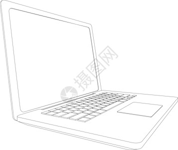 有线框架打开的笔记本电脑 视图 矢量插图绘画监视器黑色屏幕技术键盘机动性剪贴电子剪影图片