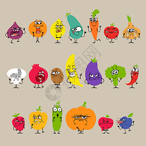 卡通水果和有色谱表达力的蔬菜集图片