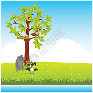 带树的景观插图场地青蛙雏鸟植物群动物群草地床单石头草本植物图片