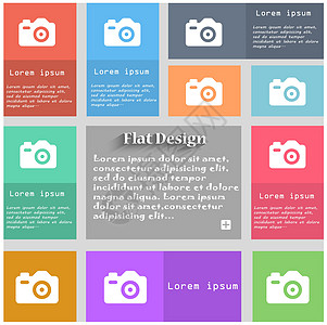 相片相机图标符号 一组多色按钮 带有文本空间的地铁样式 长阴影矢量图片