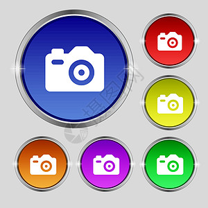 相片相机图标符号 亮彩色按钮上的圆形符号 矢量图片