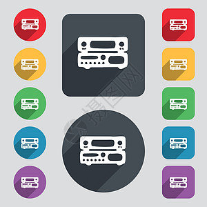 收音机 接收器 放大器图标符号 一组由12个彩色按钮和长阴影组成 平面设计 矢量图片
