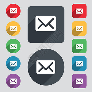 邮件 信封 字母图标符号 一组由12个彩色按钮和长阴影组成 平面设计 矢量明信片商业文档邮戳邀请函邮资艺术邮政空邮电子邮件图片