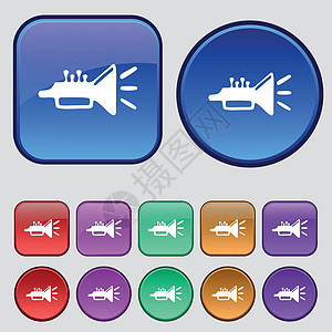 喇叭 黄铜仪器图标符号 一组12个旧按钮用于设计 矢量图片