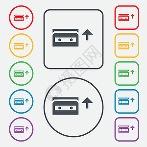 音频磁带图标符号 圆形和带有框架的平方按钮上的符号 矢量派对演示工作室盒子玩家录音机团体立体声盘子岩石图片