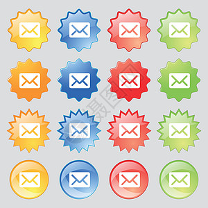 邮件 信封 字母图标符号 从14个多色的玻璃按钮中设置 并放置文字位置 矢量床单空气邀请函打印办公室明信片海豹邮政邮资电子邮件图片