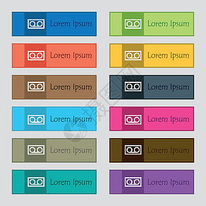 录音带图标标志 为网站设置十二个矩形 彩色 漂亮 高质量的按钮 向量插图娱乐立体声盘子音乐标签岩石袖珍记录玩家图片