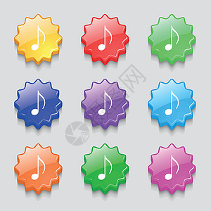 音符 音乐 铃声图标符号 9个宽度彩色按钮上的符号 矢量软件收音机打碟机气氛乐器手机歌曲电话列表吉他图片