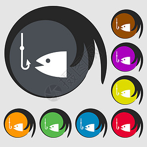 8个彩色按钮上的符号 矢量 V钓鱼设计森林冒险挑战卷轴鱼饵插图罗盘工具图片
