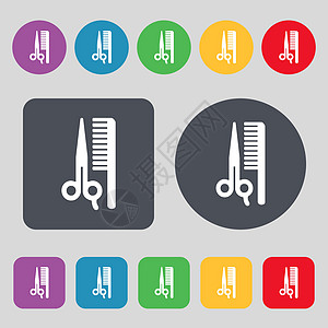 图标图标符号 一组有12色按钮 平面设计 矢量理发师装饰发型标签胡须装饰品剪刀卷曲女性风格图片
