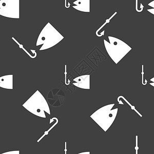 渔船图标符号 灰色背景上的无缝模式 矢量森林浮标设计渔夫假期冒险鱼饵罗盘漂浮物卷轴图片