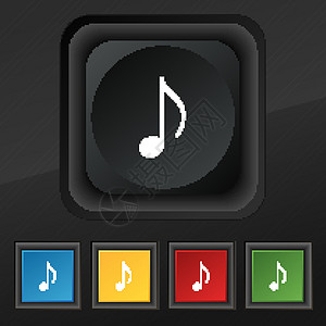 音符 音乐 铃声图标符号 为您的设计设置黑色纹理上的五个色彩缤纷 时尚的按钮 向量歌曲打碟机气氛光盘信号播放音乐播放器立体声软件图片