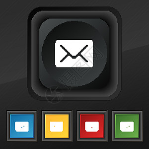 邮件 信封 字母图标符号 在黑色纹理上为您设计一套5个彩色 时髦的按钮 矢量地址明信片互联网卡片办公室邮政邮资电子邮件商业空邮图片
