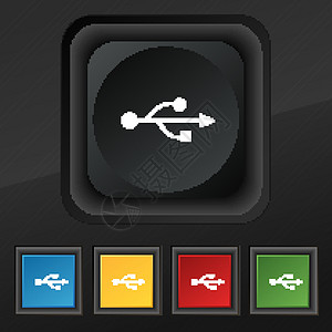 USB 图标符号 在用于设计设计的黑色纹理上设置5个彩色 时髦的按钮 矢量插头店铺连接器磁盘放大镜通讯记忆插图存储电脑图片