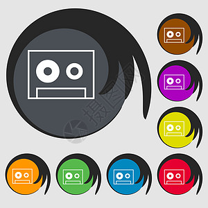 磁带签名图标 录音带符号 八个彩色按钮上的符号 向量图片