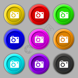 相机图标标志 九个圆形彩色按钮上的符号 韦克托收藏网络摄影师视频插图创造力框架技术电子产品闪光图片