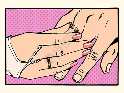 与女人结婚的男人金色订婚戒指情人女孩情绪婚礼女士婚姻插图复古背景珠宝图片