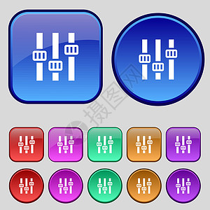 均衡器图标标志 一套十二个复古按钮为您的设计 韦克托工作室插图技术频率正方形玩家音乐辉光推介会体积图片