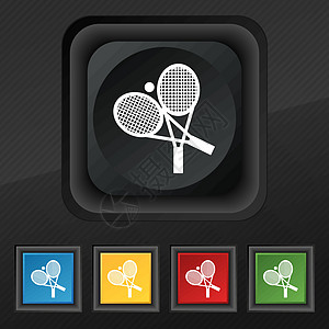 网球图标符号 为您的设计设置黑色纹理上的五个彩色时尚按钮 韦克托爱好消遣服务竞赛圆圈锦标赛游戏橡皮行动娱乐图片