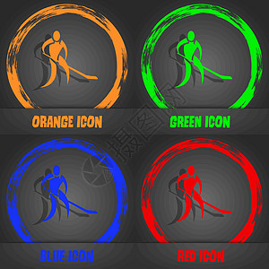 冬季运动 曲棍球图标 时尚现代风格 橙色 绿色 蓝色 红色设计图片