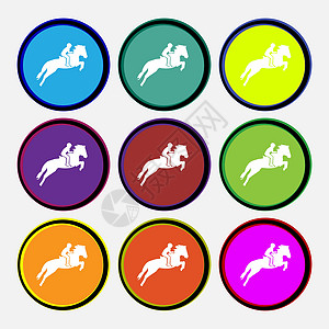赛马 德比 马术运动 赛马图标标志的轮廓 九个多色圆形按钮 韦克托图片