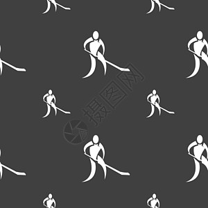 冬季运动曲棍球图标标志 灰色背景上的无缝模式 韦克托活动赛跑者玩家游戏场地冰球收藏插图跑步竞赛图片