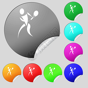 网球图标符号 一套8个多色圆环按钮 贴纸 矢量锦标赛玩家爱好竞赛娱乐圆圈场地法庭行动跑步图片