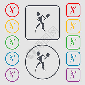 网球图标符号 圆形和带框架的平方按钮上的符号 矢量字符串锦标赛活动标语法庭场地运动玩家俱乐部插图图片