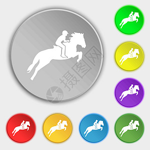 赛马 德比 马术运动 赛马图标标志的轮廓 八个平面按钮上的符号 韦克托图片