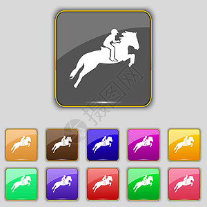 赛马 德比 马术运动 赛马图标标志的轮廓 为您的站点设置十一个彩色按钮 向量图片