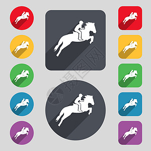 赛马 德比 马术运动 赛马图标标志的轮廓 一组 12 个彩色按钮和一个长长的阴影 平面设计 向量图片