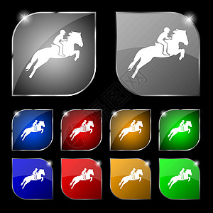 赛马 德比 马术运动 赛马图标标志的轮廓 套与强光的十个五颜六色的按钮 向量图片