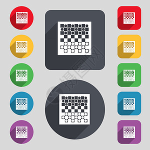 棋盘板图标符号 一组由12个彩色按钮和长阴影组成 平坦设计 矢量图片