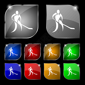 冬季运动 曲棍球图标符号 套装有光亮的十倍多色按钮 Victor图片