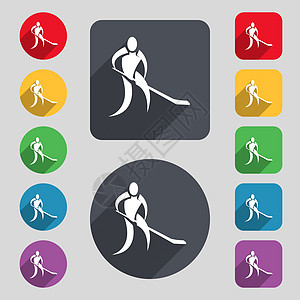 冬季运动 曲棍球图标符号 一组由 12 个彩色按钮和长阴影构成的 平坦的设计图片