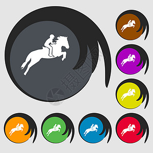 赛马 德比 马术运动 赛马图标的轮廓 八个彩色按钮上的符号 向量图片