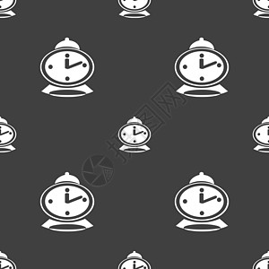 闹钟图标标志 灰色背景上的无缝模式 韦克托工作钟表指针机械草图模拟戒指跑表商业插图图片