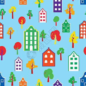 无缝图案背景与欧洲房子在明亮的科洛建筑学墙纸织物插图艺术包装街道卡片正方形快乐图片