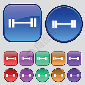 哑铃图标标志 一套十二个复古按钮为您的设计 韦克托图片