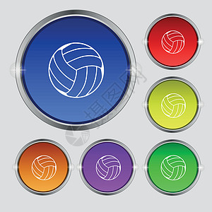 排球图标符号 光亮彩色按钮上的圆形符号 矢量图片