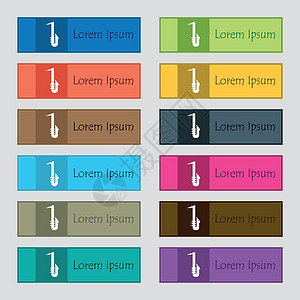 萨克斯管图标标志 网站的十二个矩形彩色漂亮高质量按钮集 韦克托图片