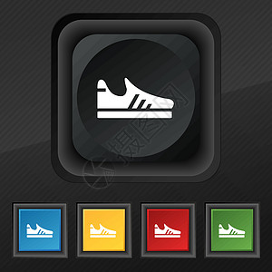 正在运行的鞋图标符号 用于设计设计的黑纹理上的五个彩色 时髦按钮集 矢量图片