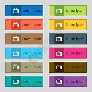 电视图标标志 网站的十二个矩形彩色漂亮高质量按钮集 韦克托图片