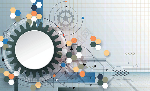 带齿轮六边形和电路板的 3D 纸圈图片